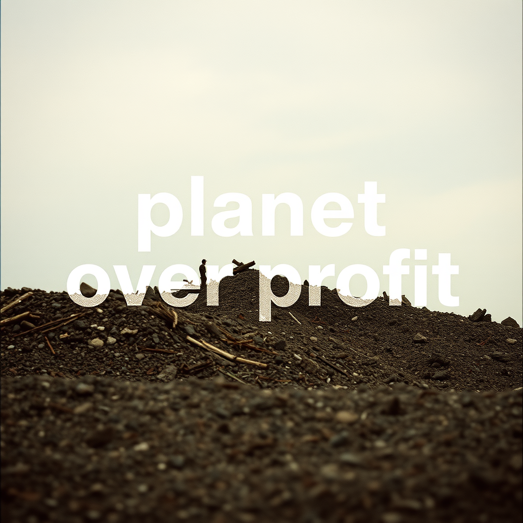 landfill with the clearly formatted text 'planet over profit' on top, all words spelled correctly